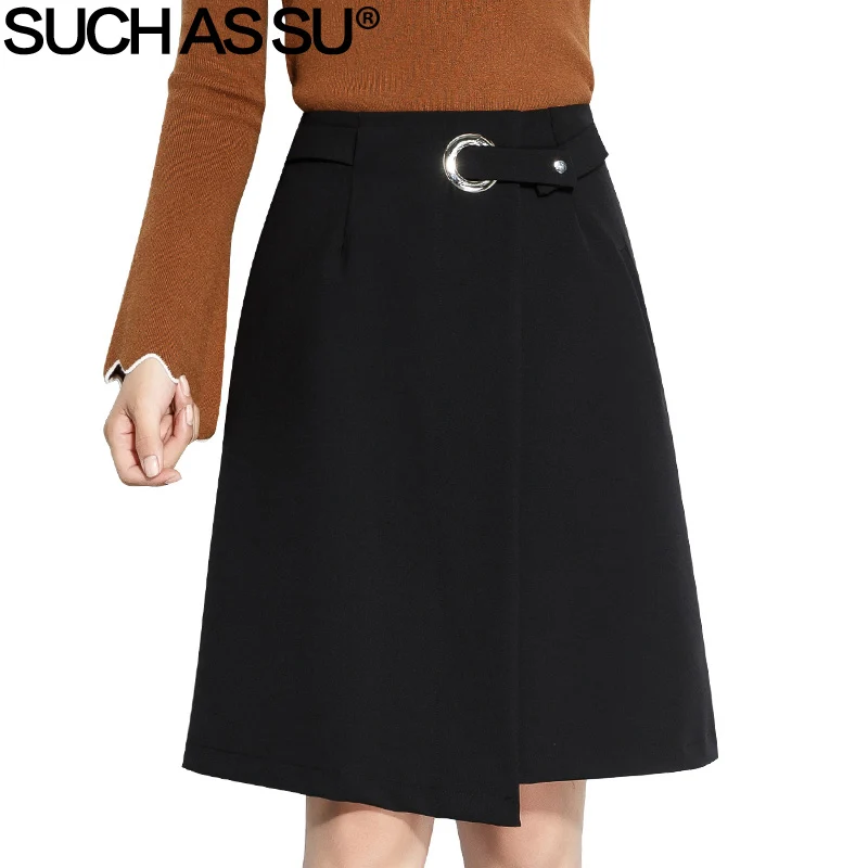

SUCH AS SU Autumn Winter Patchwork Knit Asymmetrical Skirt Women 2017 Black High Waist Knee-Length Skirt S-3XL Office Lady Skirt