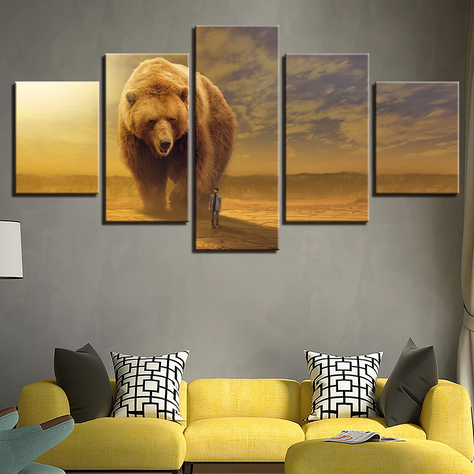 

Abstract Pictures Modern Frames 5 Panel Animal Brown Bear And Man Paintings Wall Art Landscape Modern Living Room Decorative