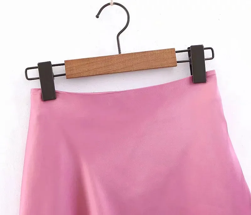 Элегантные шелковые атласные юбки, Женская Длинная юбка с высокой талией, боковая молния, асимметричный подол, трапециевидная юбка макси, Falda Saia, розовая Женская юбка