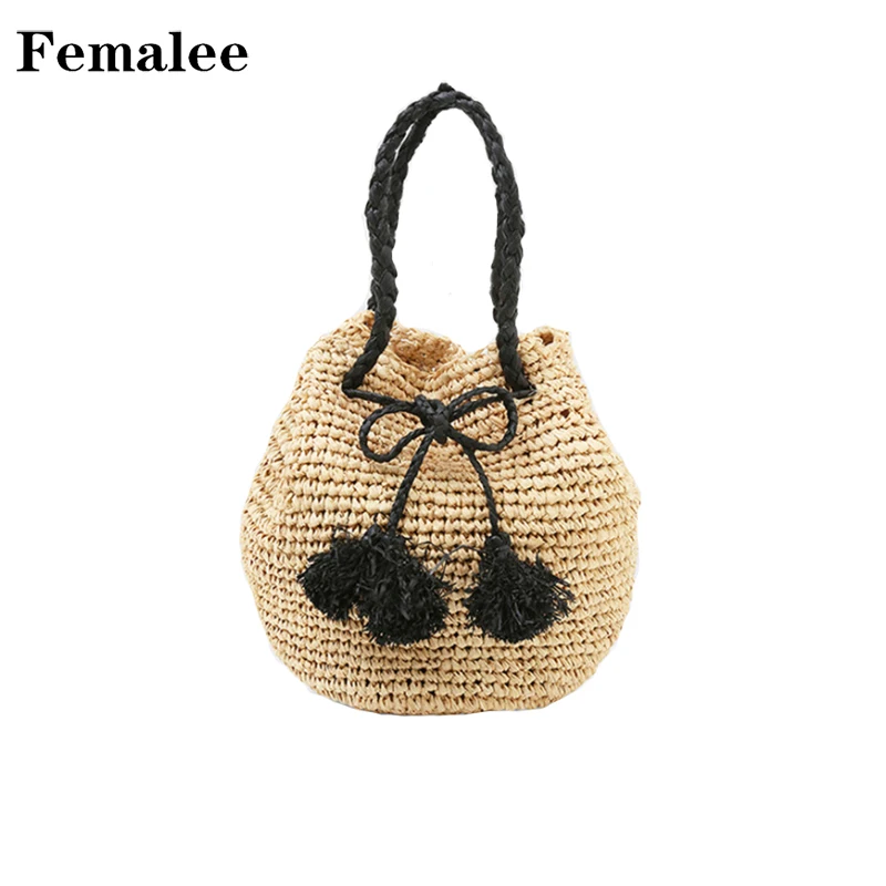 

FEMALEE Handmade Black Fringed Knitting Raffia Tote Spikes Straw Beach Seaside Women Vacation Small Bucket String Handbag 2018