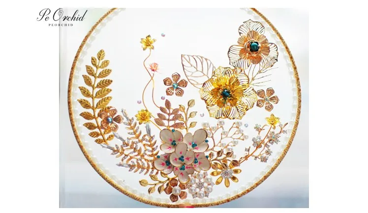 PEORCHID уникальный жемчуг золото свадебный букет цветов ручной работы круглый Шелковый веер китайский Стиль Азиатский традиционный