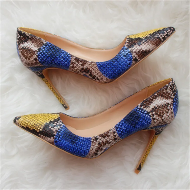 

Free shipping fashion women Pumps Blue Multi snake Pointy toe high heels shoes size33-43 12cm 10cm 8cm party shoes