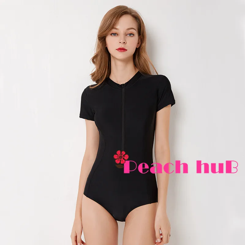 Sport Swimsuit Short Sleeve Swimsuit Solid Swimwear One Piece Front Zipper Black Swimsuits Woman Plus Size Surf Suit (1) - 