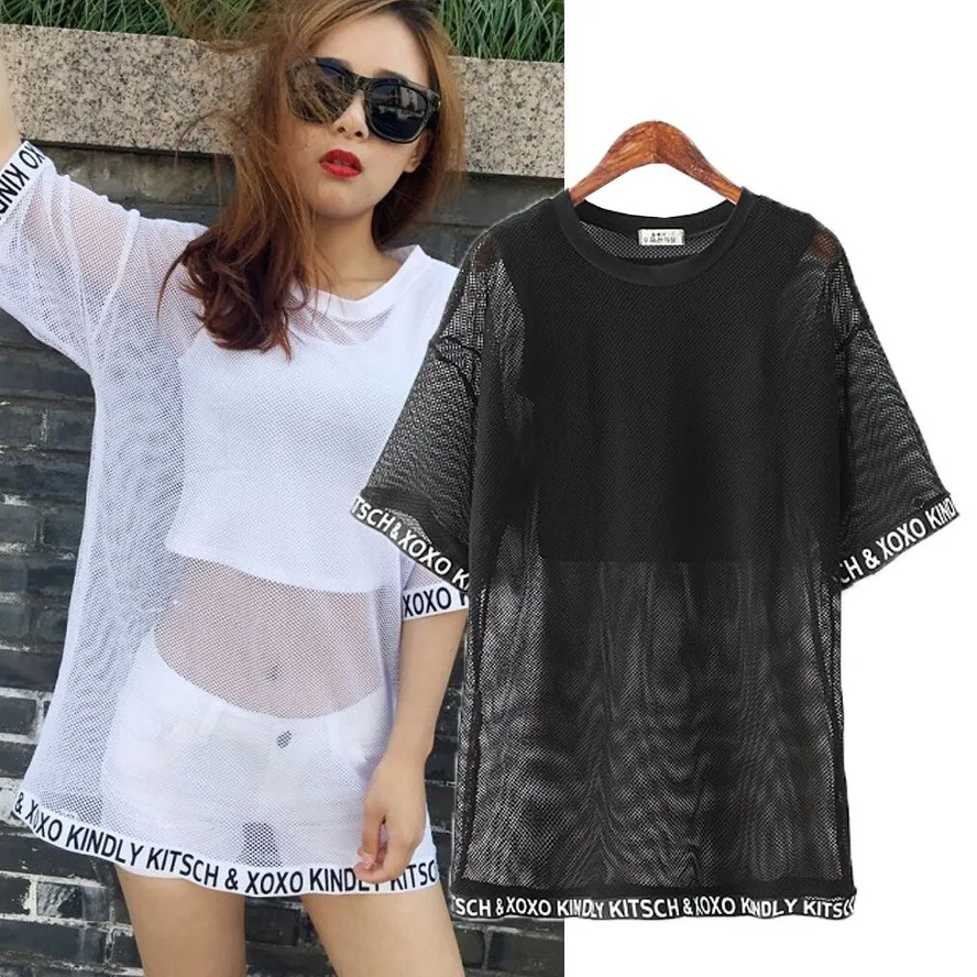 

Bigger Oversize Net Mesh See Through Clear Tee black white color Sunscreen Sunproof