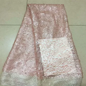 

Latest Nigeria 5 Yards African Embroidered Mesh Sequin Tulle Fabric Pink French Lace For Evening Dress X621-3