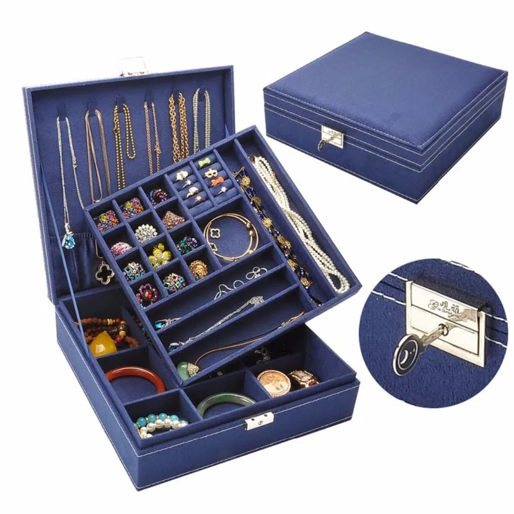 

Urijk Christmas Large Flannel Square Jewelry Box Simple Layout 2 Layers Women Makeup Organizer Choker Ring Necklace Storage Box