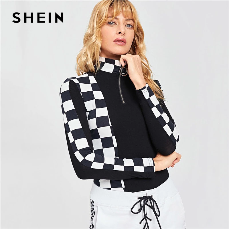 Download Aliexpress.com : Buy SHEIN Black and White Zip Front Plaid ...