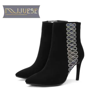 

MLJUESE 2019 women ankle boots Kid Suede Totem Checkered thin heel high heels boots winter short plush warm boots size 33-43