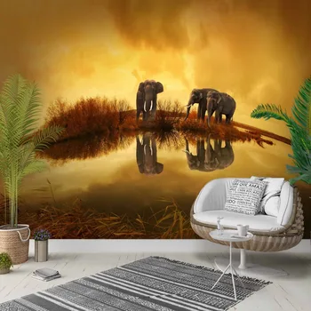 

Else Yellow Brown African Sun Set Elephants 3d Photo Cleanable Fabric Mural Home Decor living Room Bedroom Background Wallpaper