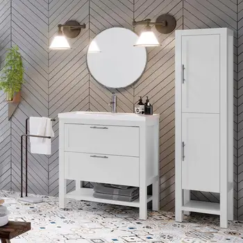 

Bathroom Freestanding Vanity Cabinet Kansas | Matte white | Old silver handle | 80 x 88.5 x 45 cm | vanity + sink | 2 drawers