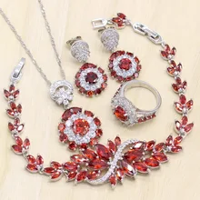 Костюм 925 пробы Серебряные комплекты ювелирных изделий для Для женщин Красный циркониевые браслеты кулон ожерелье кольцо серьги подарочный набор украшений