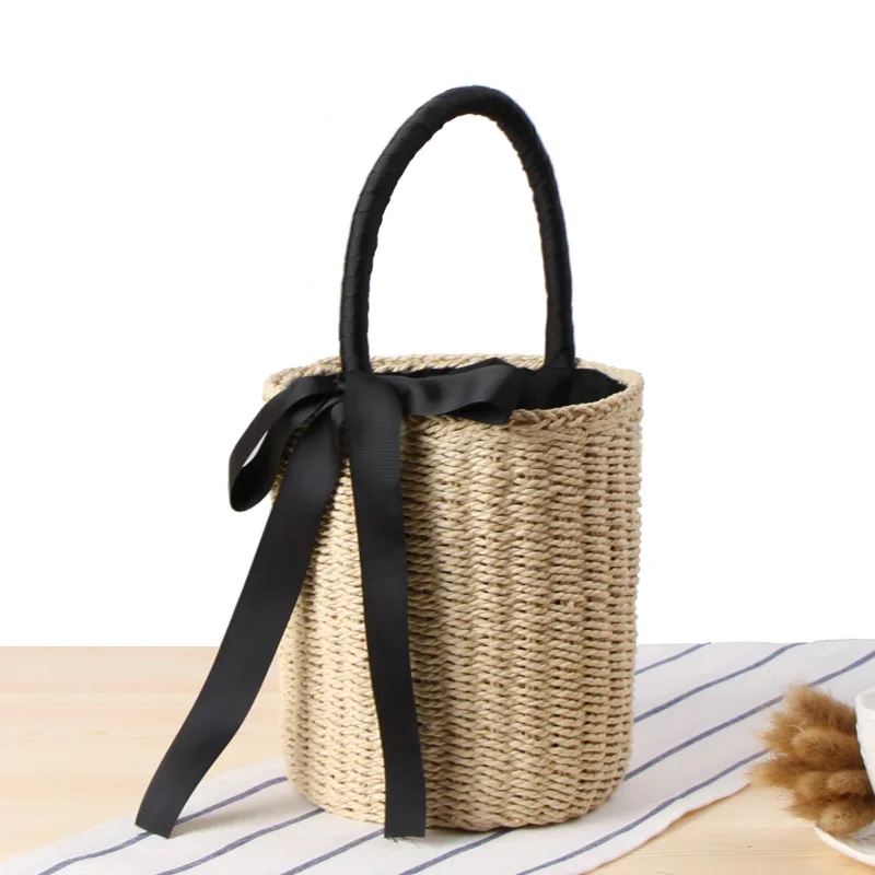 Women Handbag Summer Beach Female Ribbon Straw Bags Lady Vintage Drawstring INS Popular Basket Casual Weave Travel Tote SS3100 (5)