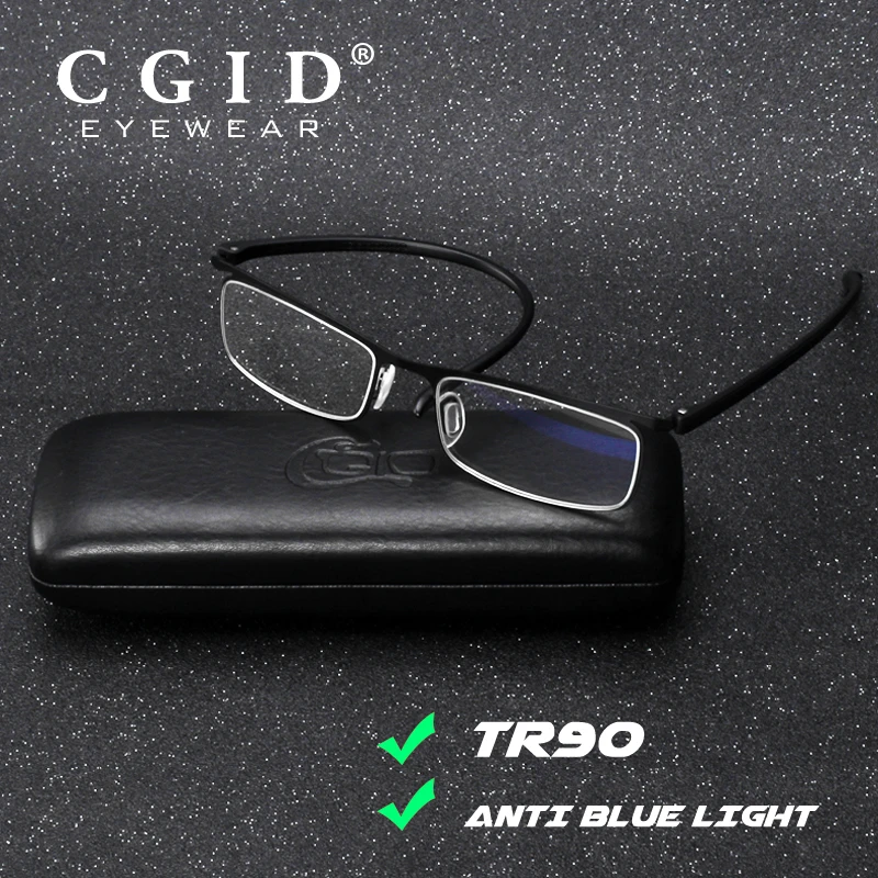 

CGID Anti Blue Ray Reading Glasses Super Light Metal Frame TR90 Arm with Leather Case 0 +1.0 +1.5 +2.0 +2.5 +3.0 LH3002