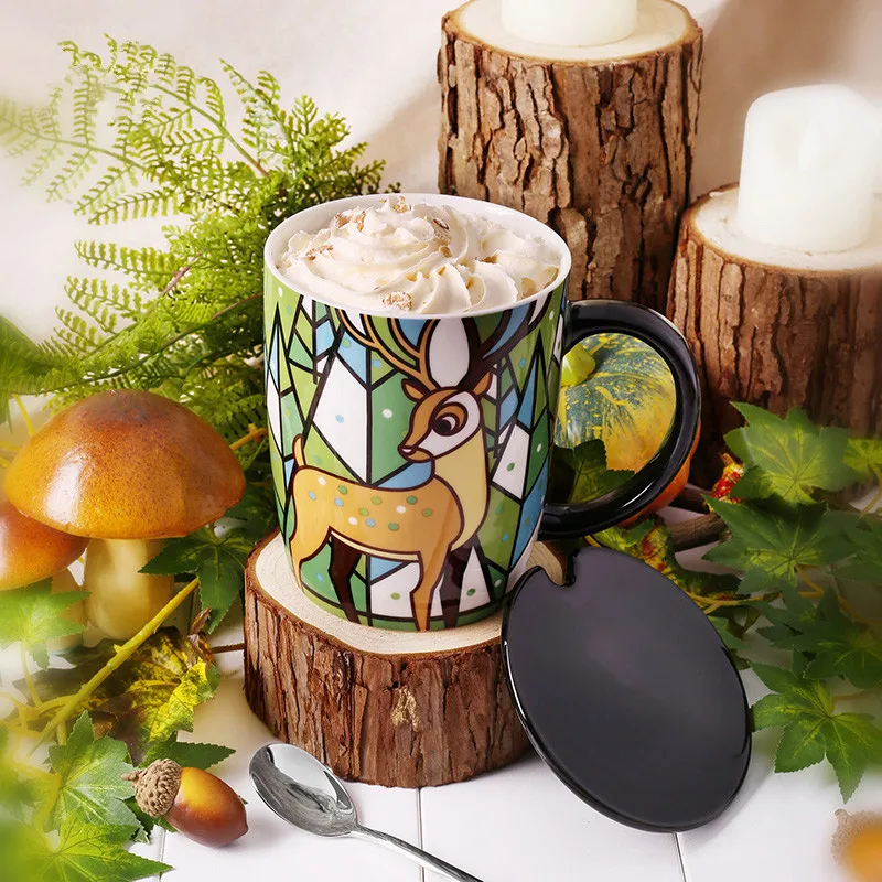 

550ml Cute Fantasy Animals Ceramic Coffee Mug with Lid and Spoon Milk Tea Water Cups Creative Gifts Owl Deer Lion Modern Style