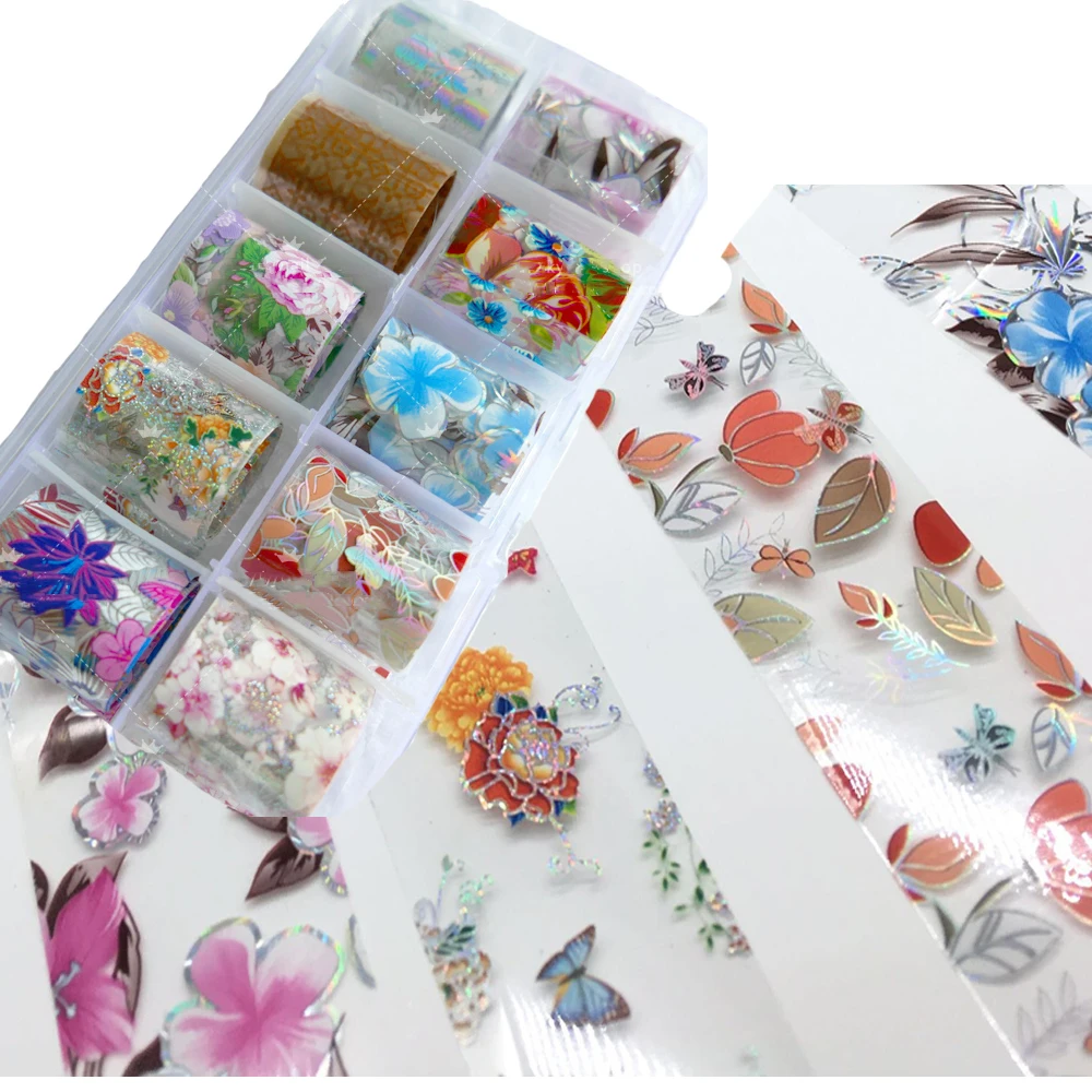 

Nail Art Foil Paper Bundle / Floral /10 Designs / 10 Pieces in 1 Box Nail Art Transfer Foil Stickers 3D Decals Manicure Tip Tool