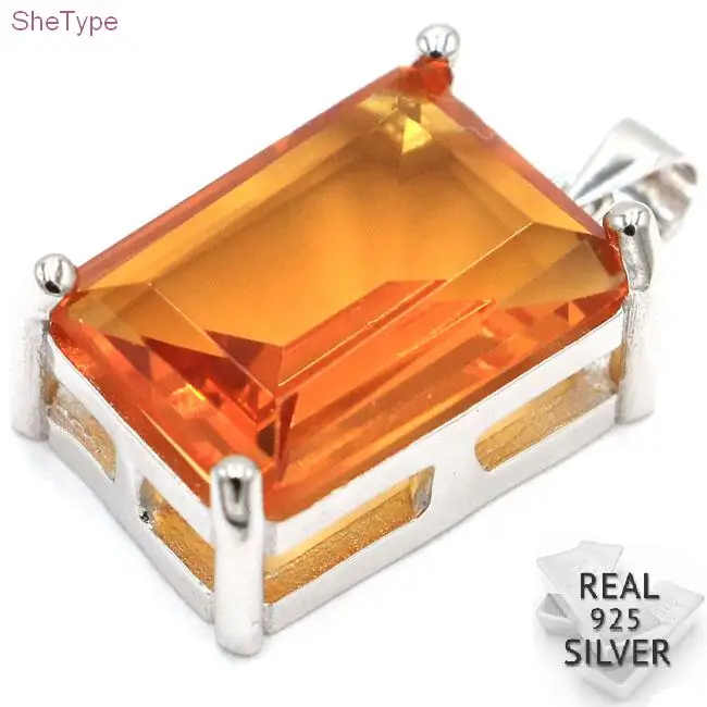 

SheType 7.0g 18x13mm Rectangle Golden Citrine CZ Gift For Ladies 925 Solid Sterling Silver Pendant 26x14mm