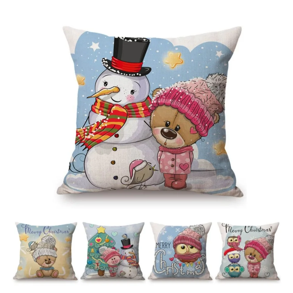 Adorable Cute Cartoon Teddy Bear Owl Snowman Christmas Decoration Cotton Linen Sofa Throw Pillow Cover Lovely Xmas Cushion | Дом и сад