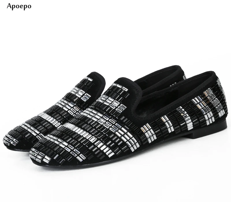 

New Woman Slip-on Casual Shoes Crystal Embellished leather Loafers 2018 Round Toe Flat Shoes Black White Rhinestones Shoe