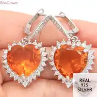 Real 13.5g 925 Solid Sterling Silver Big Gemstone 15x15mm Heart Shape Golden Citrine Natural CZ Earrings 40x20mm