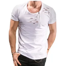 PADEGAO Ripped Hole T shirt Men sexy skinny Zipper Breathable Casual Tees summer high street t shirt mens t-shrits plus size 3xl plus size ripped braid t shirt