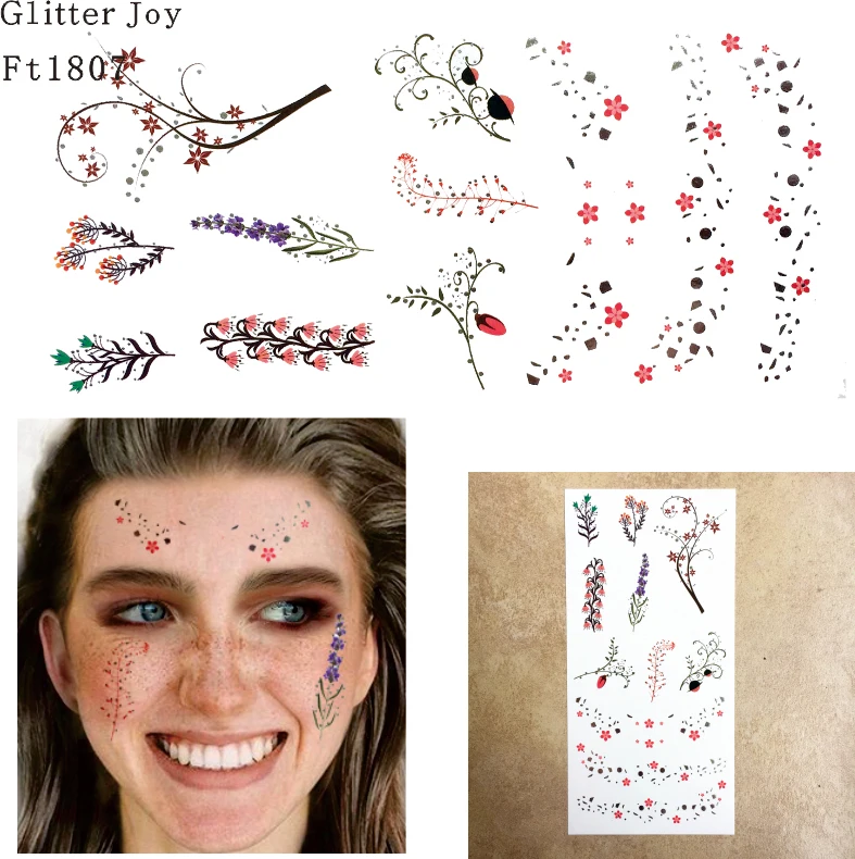 

FT1807 Metallic Silver with Colored Flower Face Tattoo Sticker with Lavender,Dandelion Pattern for Body Makeup inpsired