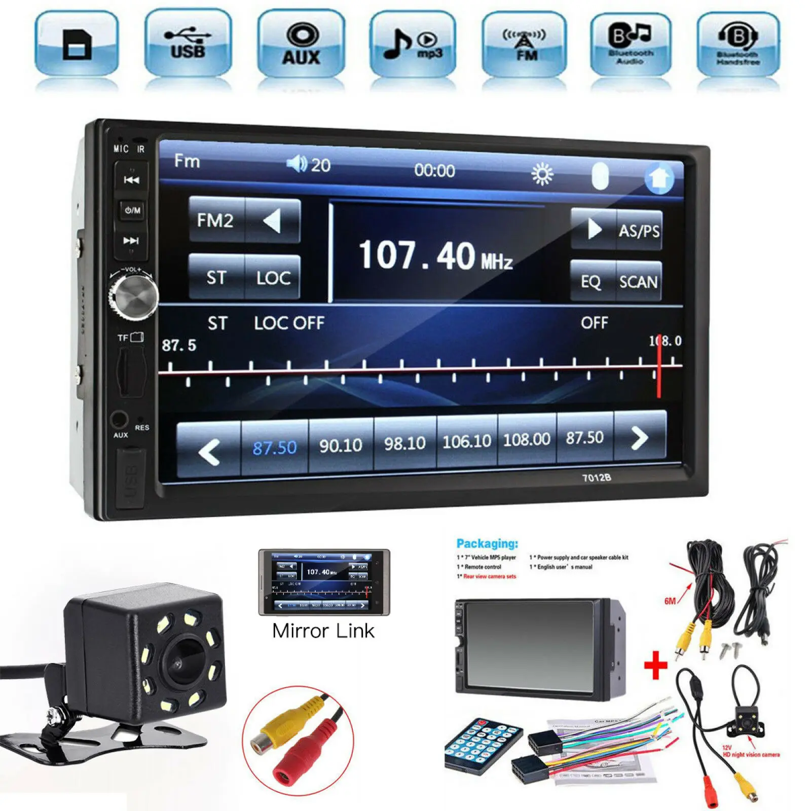 

7" Double 2 DIN 7018B Touch Screen Car MP5 Player Audio Stereo FM Radio Bluetooth MP3 Player Support TF Multimedia Player