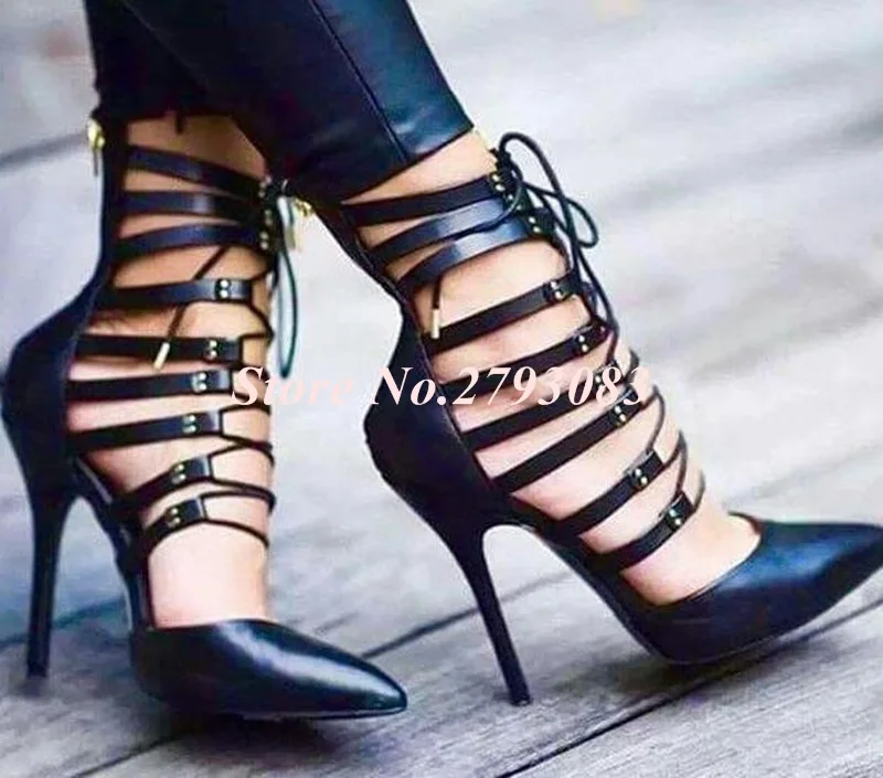 Sexy-Black-Leather-Rome-Shoes-Gladiator-Sandals-Women-Pointed-Toe-Cut-out-Lace-up-Cross-Strap