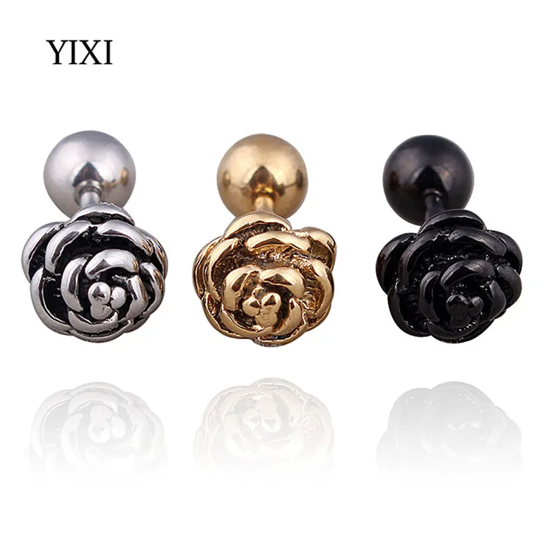 YIXI New 7mm Fashion Rose Flower Earrings For Women Anti Allergy Stainless Steel Barbell Helix Ear Studs Piercing Body Jewelry | Украшения