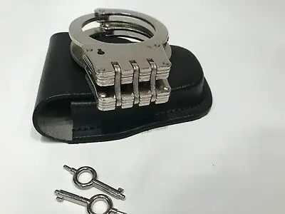 

Professional Handcuffs 3 hinged Steel Police Duty Double Lock +LEATHER CASE