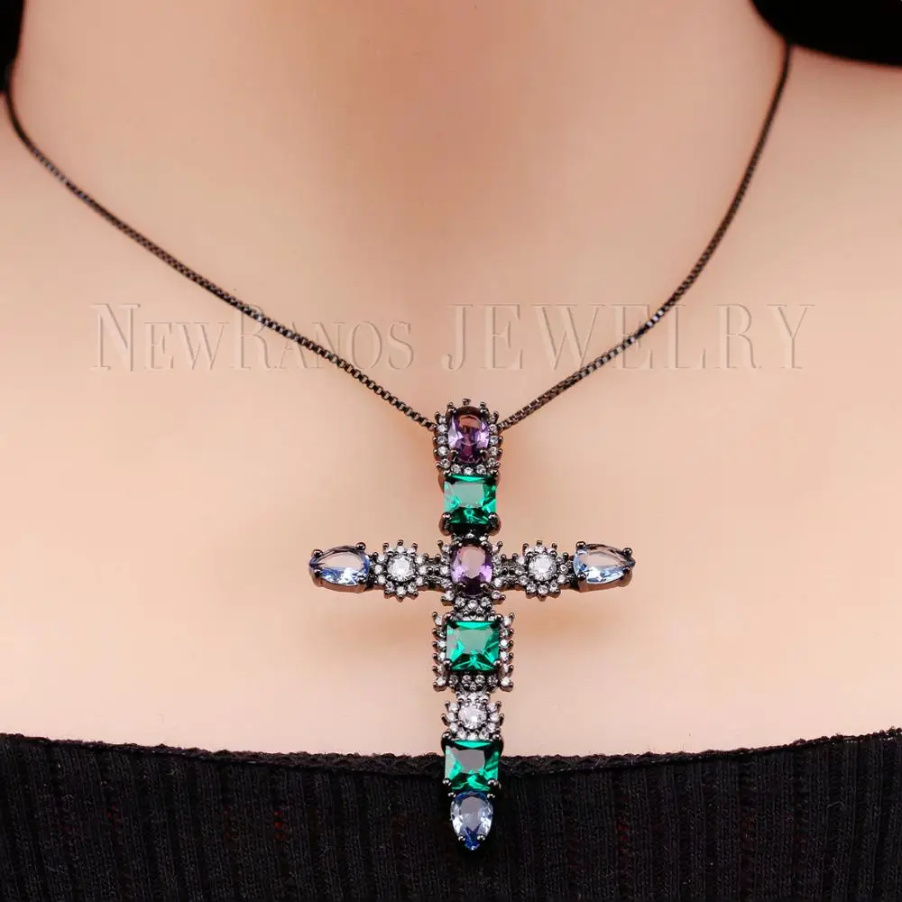 Multi Color Charming Natural Crystal Cross Pendant Necklace Pave