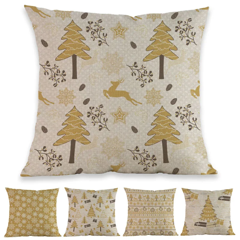 

Creative Geometry Yellow Deer Snowflake Christmas Tree Pattern Pillow Case Home Sofa Chair Festival Decoration Cushion Cover