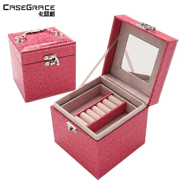 

Casegrace exquisite jewelry storage boxes PU leather red metal handle lock necklace bracelet storage organizer box gift 01102