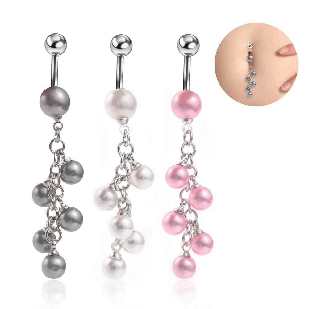 Lady Stylish Imitate Pearl Belly Ring Dangle Stainless Steel Body