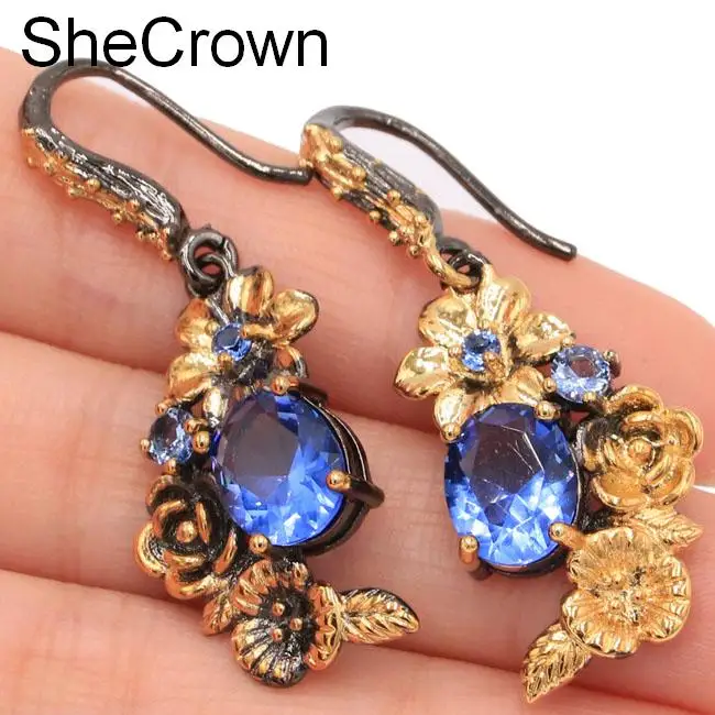 

Sublime Antique Vintage Style Created Rich Blue Violet Tanzanite Flower Gift For Sister Silver Earrings 42x16mm