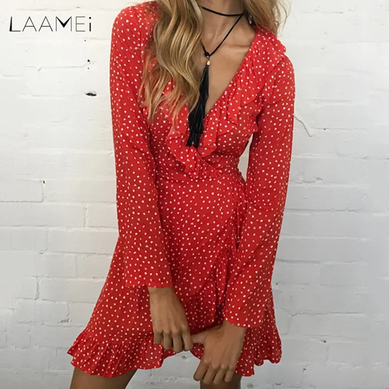 LAAMEI Sexy Women Long Sleeve Chiffon Polka dot Print