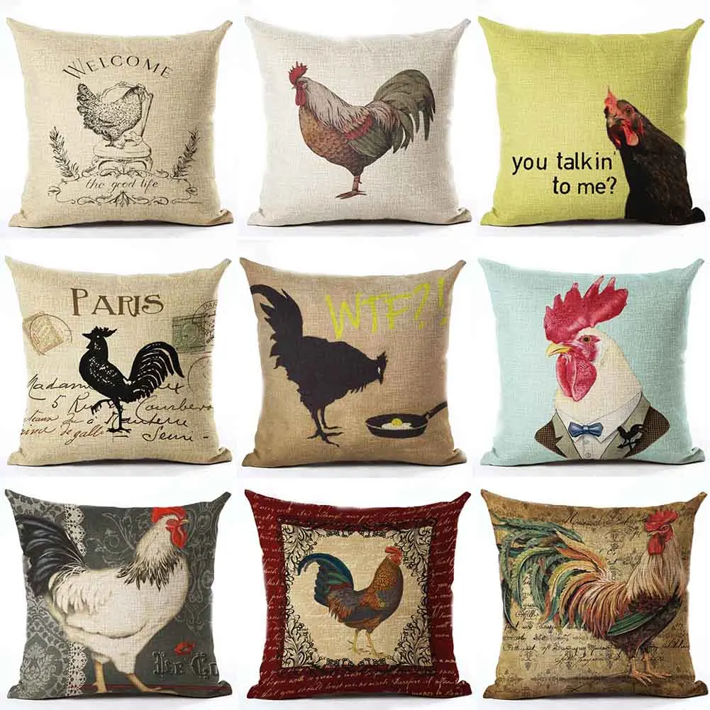 

Vintage Cock Cushion Cover Cotton Linen Decorative Pillowcase Chair Seat Square Pillow Cover Housse De Coussin Rouge Home Decor