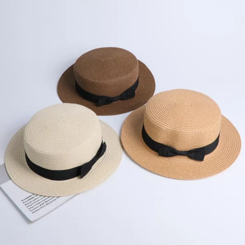 

Seioum wholesale sun flat straw hat boater hat girls bow summer Hats For Women Beach flat panama straw hat chapeau femme
