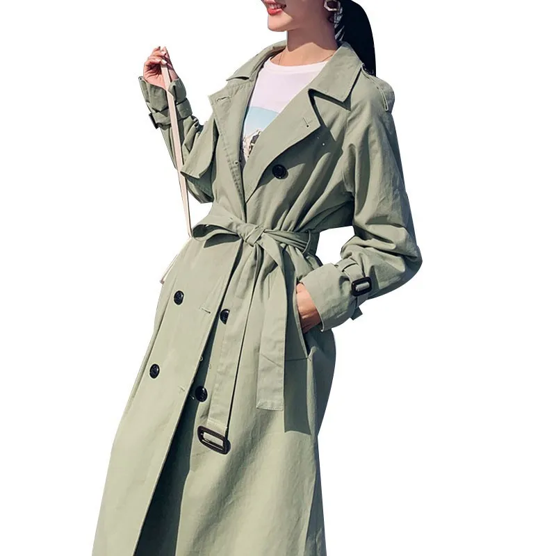 

Khaki Trench coat Casual women long Outerwear loose clothes for lady belt spring autumn fashion high quality army green FY03