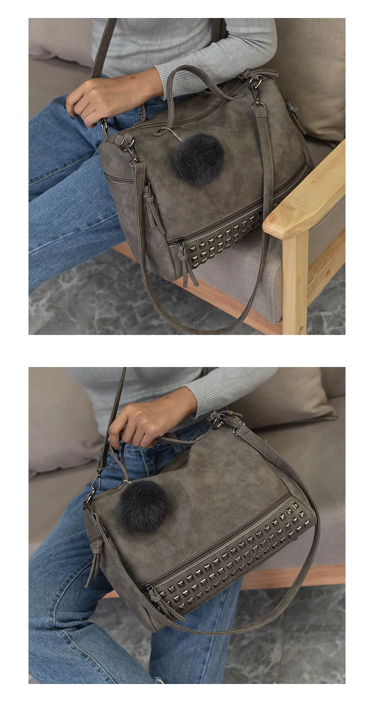MJ Brand Design Women Handbag Fashion Suede Leather Top-Handle Bags Hair Ball Rivets Shoulder Bag Large Motorcycle Messenger Bag (16)