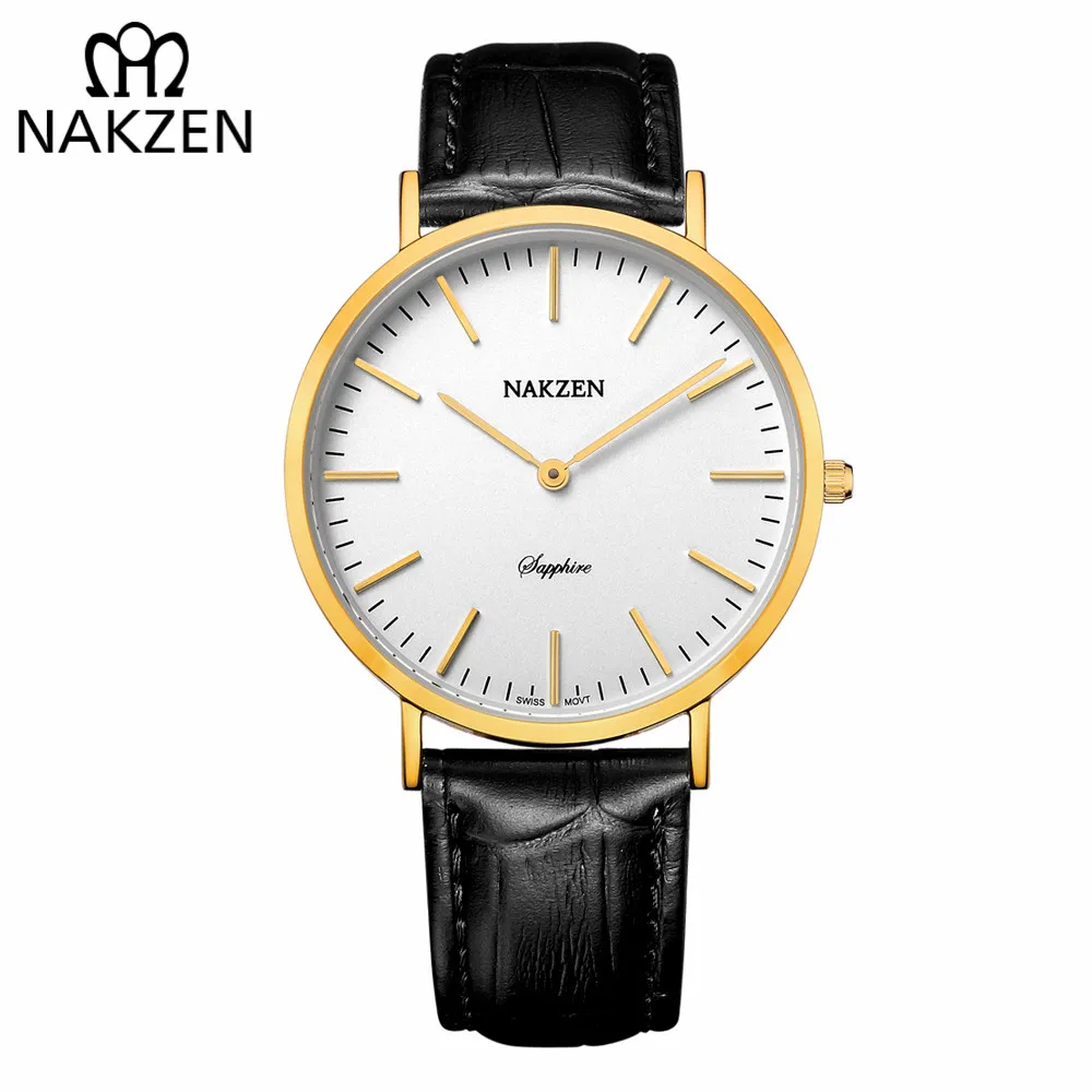 Женские наручные часы NAKZEN роскошные брендовые золотые с черным кожаным ремешком