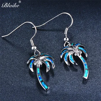 

Blaike Blue Opal Coconut Tree Drop Earrings For Women 925 Sterling Silver Jewelry Birthstone Long Dangle Female Hook Earring