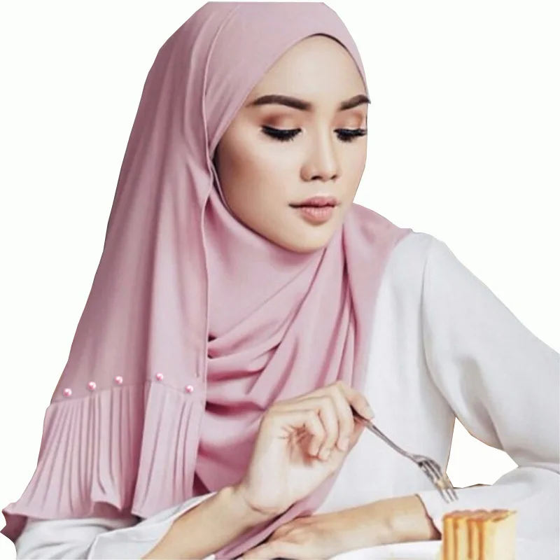 

Pleated Ruffles Patchwork Design Chiffon Scarf Plain Solid Color Elegant Women Hijabs Islamic Muslim Head Scarves Shawl Tudung