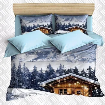 

Else 6 Piece Blue White Snow Winter House Mountain 3D Print Cotton Satin Double Duvet Cover Bedding Set Pillow Case Bed Sheet