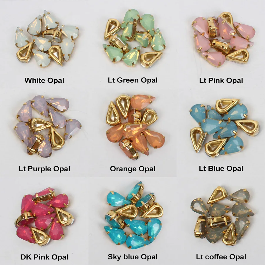 

Free shipping Wholesales Drop 6*10mm/8*13mm Sew on Rhinestones 10 option Opal color Gold claw set Resin Stones For Garment DIY