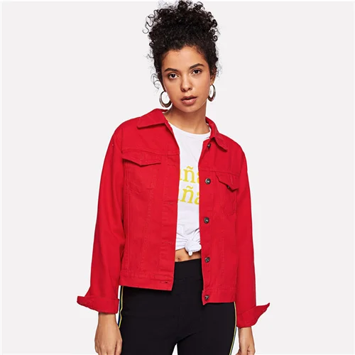 ROMWE/красная джинсовая куртка с карманами и пуговицами спереди, Женская Повседневная Осенняя коллекция года, новая стильная одежда с отложным воротником, весеннее обычное пальто - Цвет: Красный