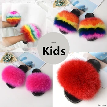 

Real Fox Slippers Kids Winter Fur Child Home Slides Girls sliders Raccoon Fluffy Chinelo Flats Beach Summer Children Indoor