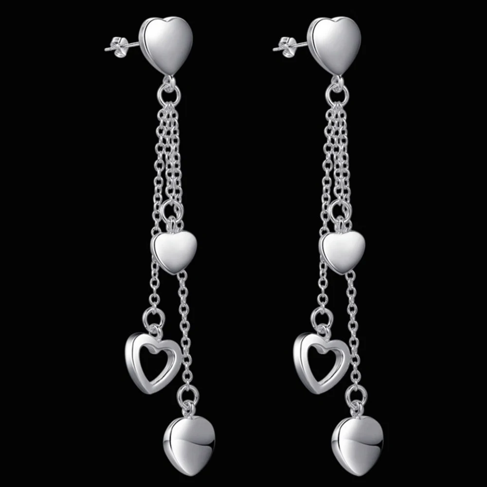 Fashion Tassel Heart Silver Plated Long Dangle Earrings Women Ear Studs