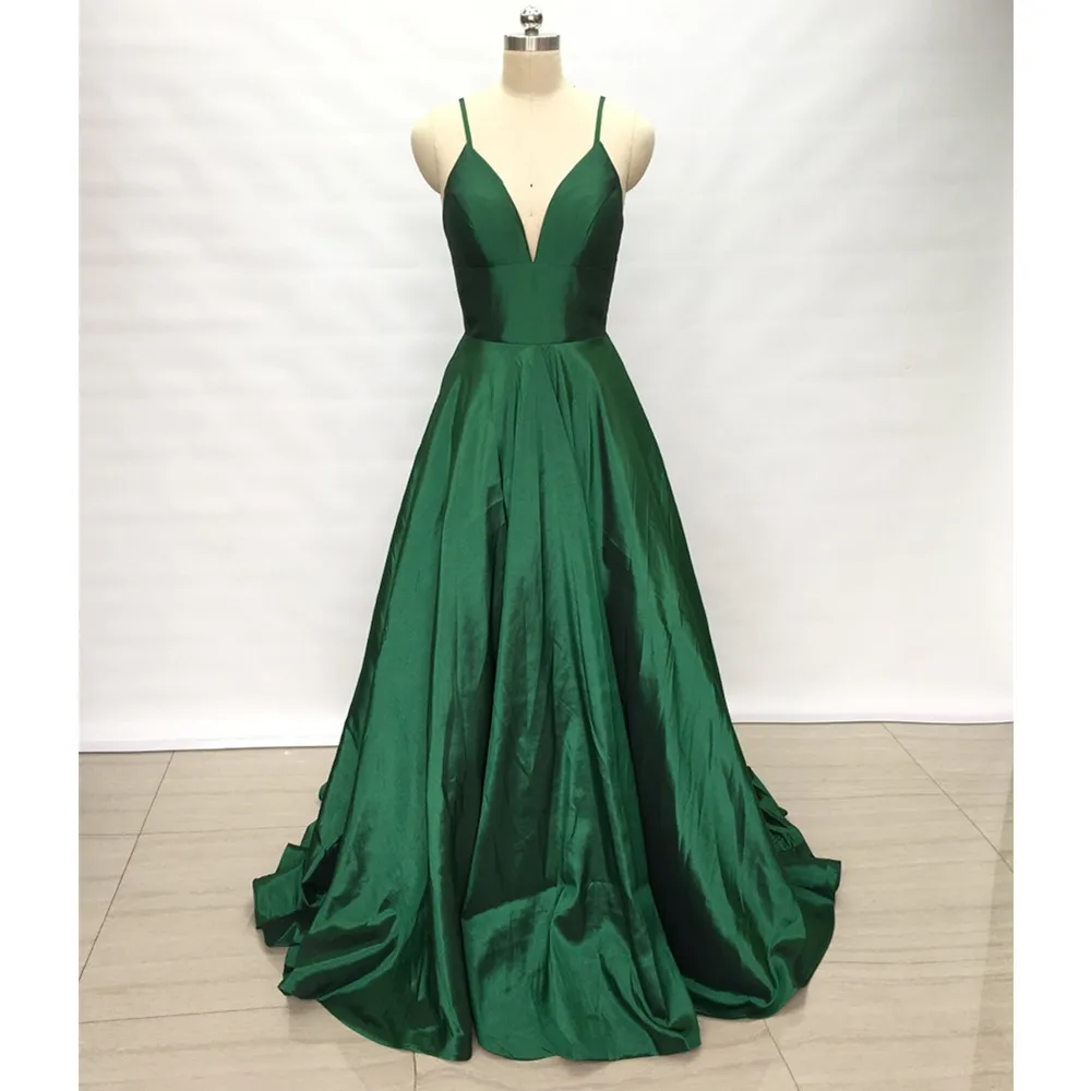 Baijinbay изумрудно-зеленая тафта Длинные платья для выпускного вечера ТРАПЕЦИЕВИДНОЕ элегантное платье на тонких бретельках длиной до пола вечерние платья