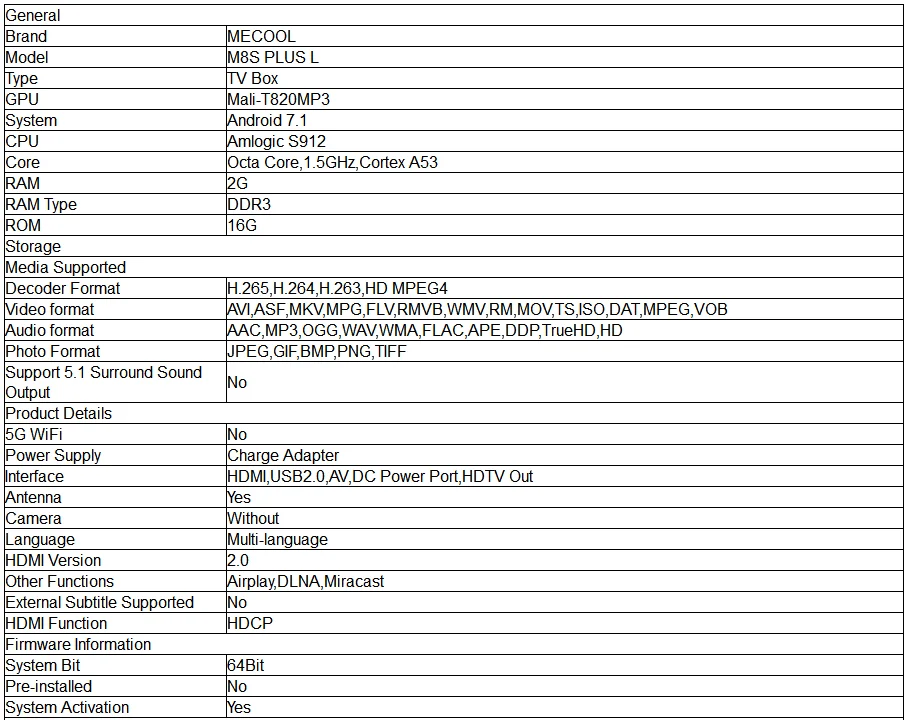 MECOOL M8S PLUS L ТВ приставка Amlogic S912 Android 7,1 2 Гб ОЗУ+ 16 Гб ПЗУ 2,4G WiFi 100 Мбит/с BT4.2 поддержка 4K H.265