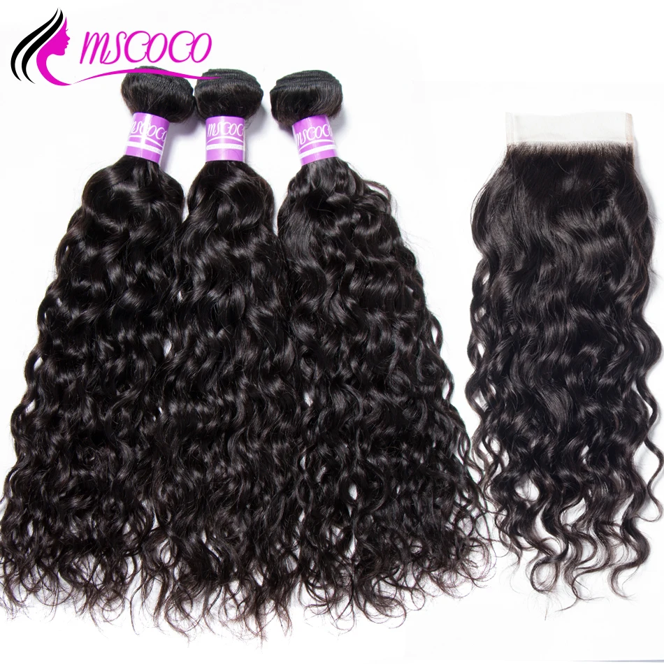 

Human Hair Bundles With Closure Remy Peruvian Hair Water Wave 3 Bundles Deals With 4x4 Lace Closure Mscoco Hair Weave